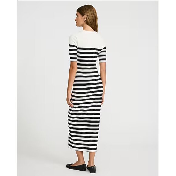 Ribbed Striped Crew Neck Henley Elbow Sleeve Midi Dress - Picture 3 of 3